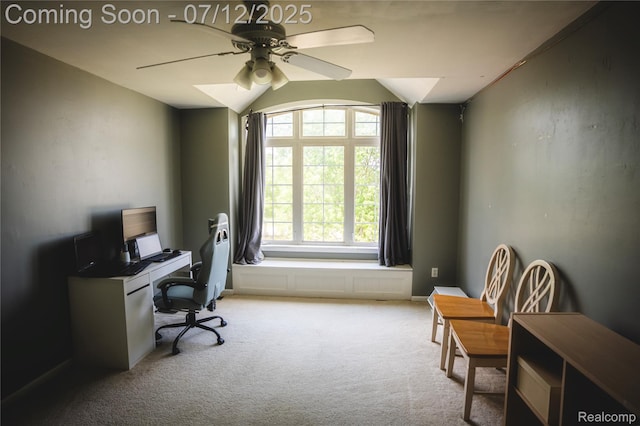 6020 Majestic Oaks Dr, Commerce Twp, MI 48382 - office area with a ceiling fan, vaulted ceiling, and carpet