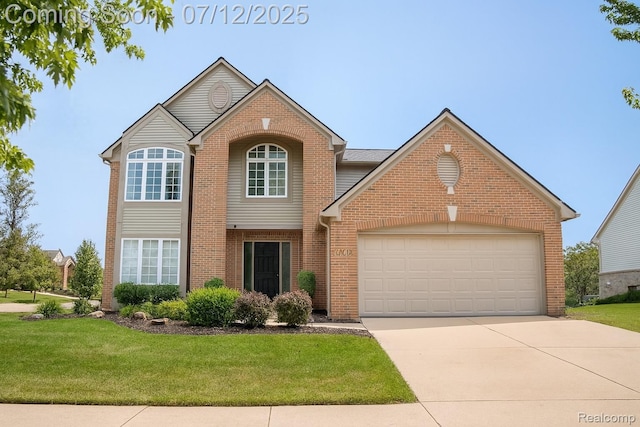 6020 Majestic Oaks Dr, Commerce Twp, MI 48382 - traditional-style house with a front yard, brick siding, an attached garage, and concrete driveway