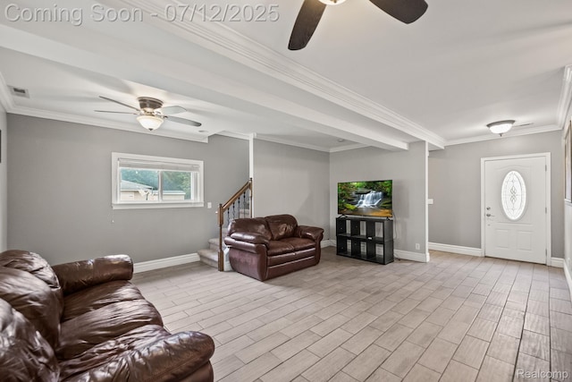 3811 Benstein Rd, Commerce Twp, MI 48382 - living area featuring a ceiling fan, stairs, light wood finished floors, and ornamental molding