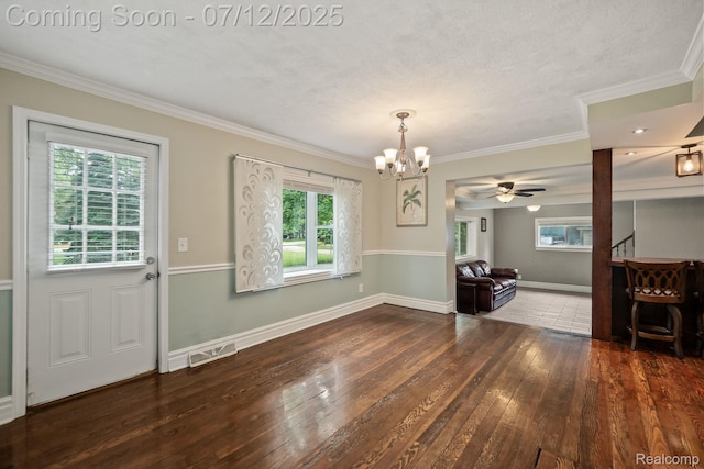 3811 Benstein Rd, Commerce Twp, MI 48382 - unfurnished dining area with a chandelier, wood-type flooring, ornamental molding, stairway, and a ceiling fan