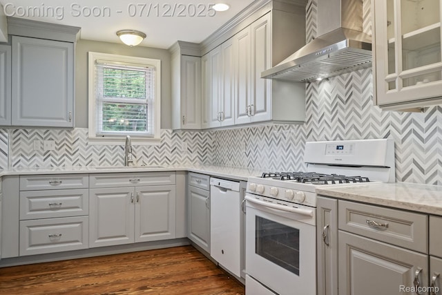 3811 Benstein Rd, Commerce Twp, MI 48382 - kitchen featuring white appliances, wall chimney range hood, glass insert cabinets, dark wood-style flooring, and tasteful backsplash