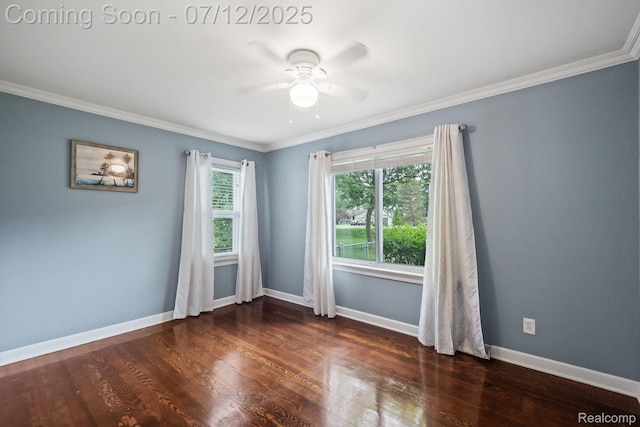3811 Benstein Rd, Commerce Twp, MI 48382 - empty room featuring a ceiling fan, dark wood-type flooring, and crown molding