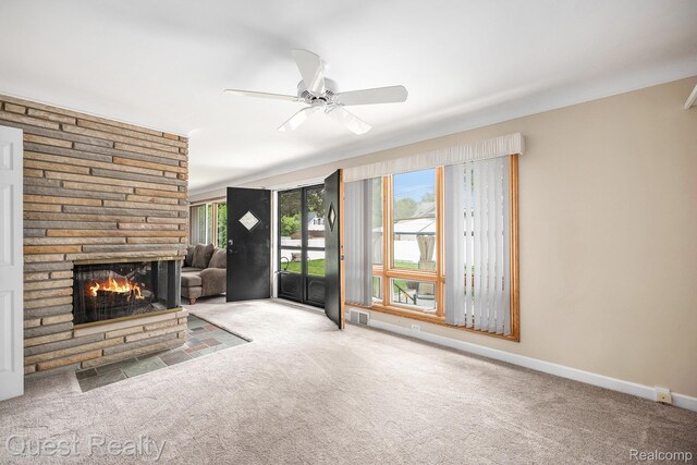 31618 Winchester Ave, Warren, MI 48092 - unfurnished living room featuring carpet floors, a fireplace, and ceiling fan