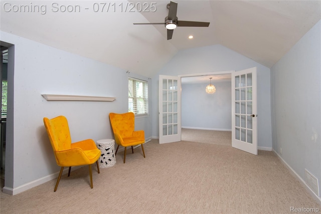 3110 Brisbane St, Walled Lake, MI 48390 - living area featuring french doors, ceiling fan, carpet floors, lofted ceiling, and recessed lighting