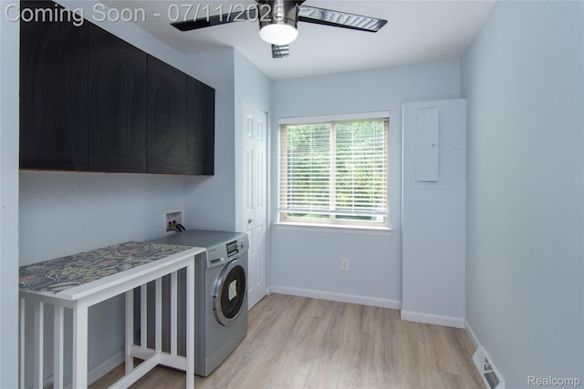 3110 Brisbane St, Walled Lake, MI 48390 - laundry area with cabinet space, washer / clothes dryer, light wood-style floors, and ceiling fan