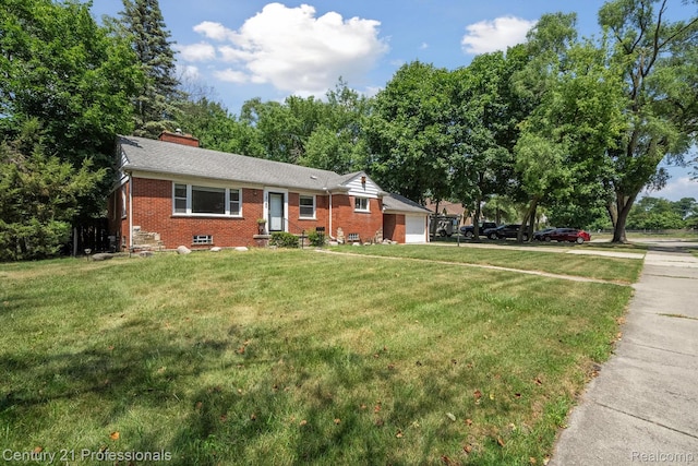 18140 Westover Ave, Southfield, MI 48075 - view of front facade featuring brick siding, an attached garage, a front yard, a chimney, and driveway