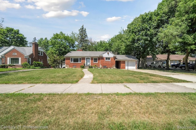 18140 Westover Ave, Southfield, MI 48075 - ranch-style house with brick siding, driveway, a front lawn, an attached garage, and a chimney