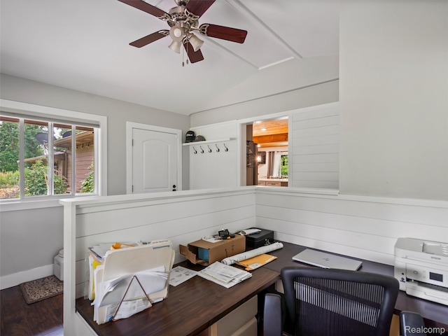 3365 Howland Rd, Almont, MI 48003 - office area with vaulted ceiling, a ceiling fan, and wood finished floors