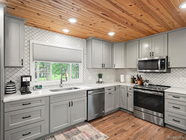 3365 Howland Rd, Almont, MI 48003 - kitchen with stainless steel appliances, gray cabinetry, wooden ceiling, light wood-type flooring, and backsplash