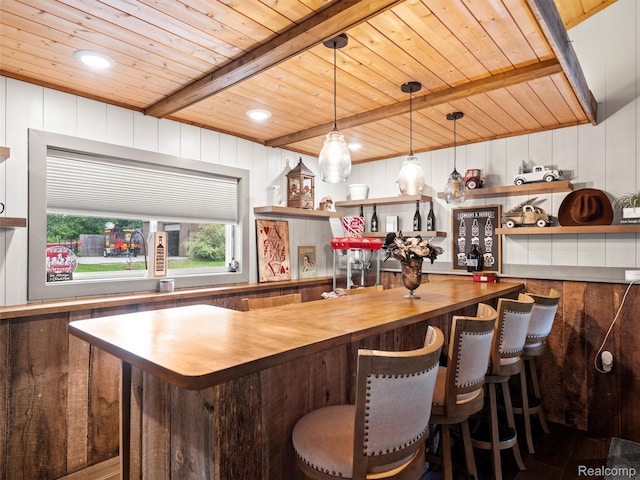 3365 Howland Rd, Almont, MI 48003 - indoor dry bar featuring a wood ceiling with exposed beams, hanging light fixtures, and wood finished floors