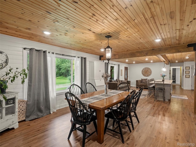3365 Howland Rd, Almont, MI 48003 - dining room featuring a wooden ceiling with exposed beams, light wood-type flooring, and recessed lighting