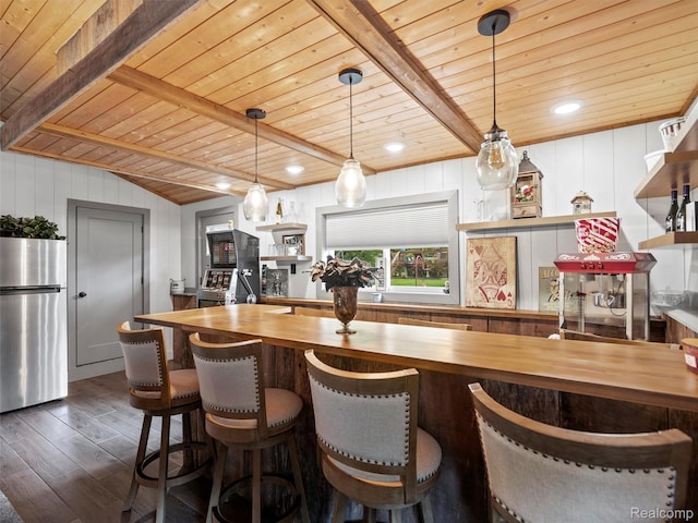 3365 Howland Rd, Almont, MI 48003 - bar area featuring freestanding refrigerator, wood ceiling, dark wood-style floors, and decorative light fixtures