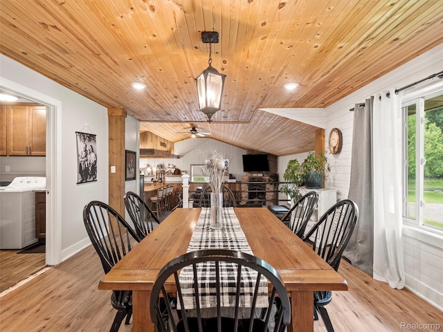 3365 Howland Rd, Almont, MI 48003 - dining area with washer / dryer, wooden ceiling, light wood finished floors, plenty of natural light, and a ceiling fan