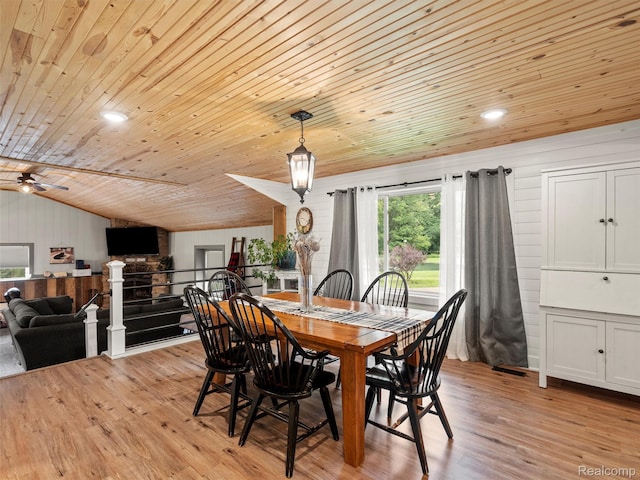 3365 Howland Rd, Almont, MI 48003 - dining space featuring wooden ceiling, healthy amount of natural light, light wood-style floors, vaulted ceiling, and ceiling fan