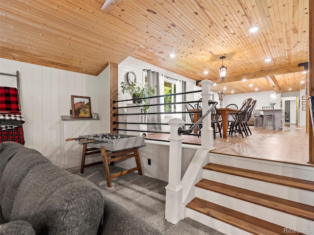 3365 Howland Rd, Almont, MI 48003 - stairs featuring wooden ceiling, carpet flooring, and decorative columns