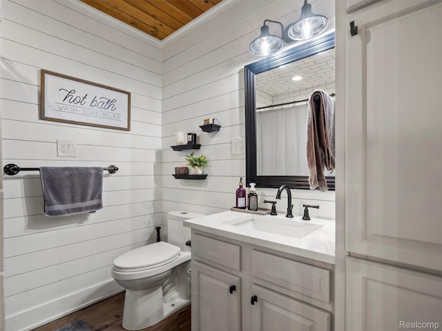 3365 Howland Rd, Almont, MI 48003 - full bathroom featuring wooden walls, vanity, wood finished floors, wood ceiling, and a shower with curtain