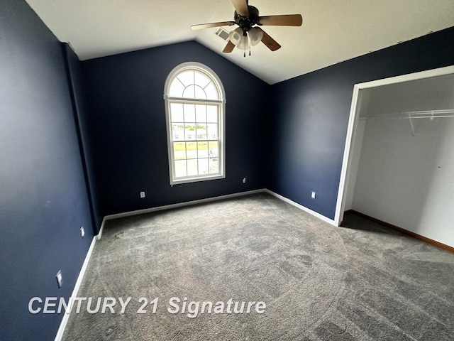 7265 Deweigan Ln, Mount Pleasant, MI 48858 - unfurnished bedroom with vaulted ceiling, carpet, a closet, and ceiling fan