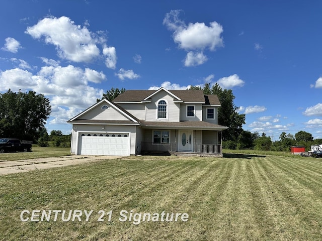 7265 Deweigan Ln, Mount Pleasant, MI 48858 - traditional-style home featuring covered porch, a garage, a front lawn, and concrete driveway