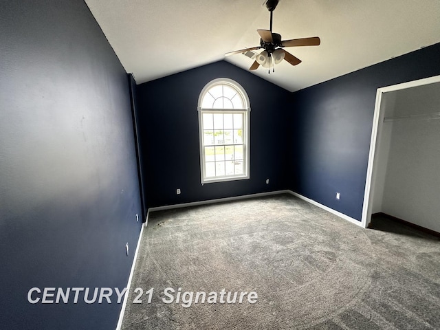 7265 Deweigan Ln, Mount Pleasant, MI 48858 - unfurnished room featuring a ceiling fan, lofted ceiling, and carpet flooring