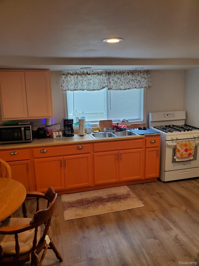 244 S Sherman St, Vassar, MI 48768 - kitchen featuring white gas range oven, stainless steel microwave, healthy amount of natural light, and light wood-type flooring