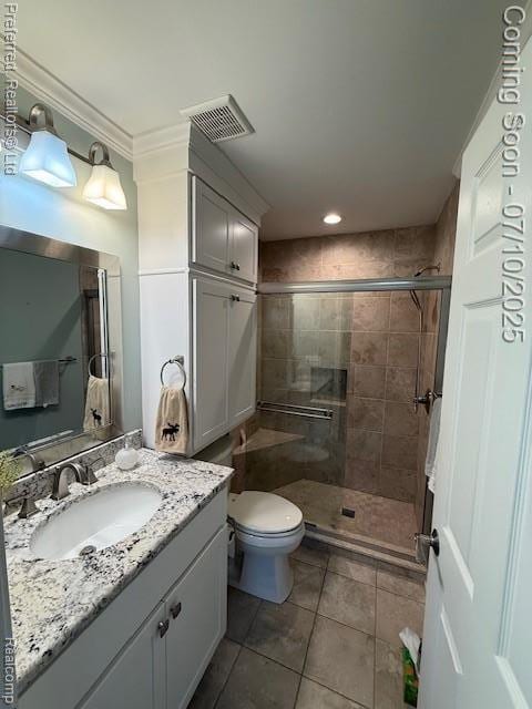 40219 Newport Dr, Plymouth, MI 48170 - full bath with vanity, a stall shower, tile patterned flooring, ornamental molding, and recessed lighting