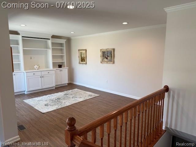 40219 Newport Dr, Plymouth, MI 48170 - living room featuring ornamental molding, dark wood-style flooring, and recessed lighting