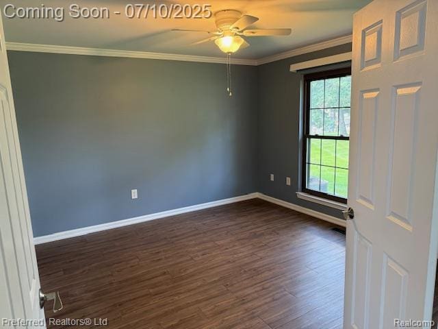 40219 Newport Dr, Plymouth, MI 48170 - spare room with dark wood-style floors, ceiling fan, and crown molding