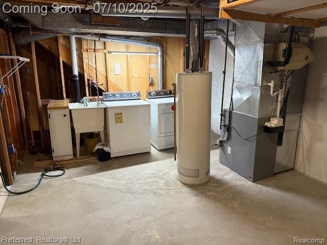 40219 Newport Dr, Plymouth, MI 48170 - unfinished below grade area with gas water heater, separate washer and dryer, and heating unit