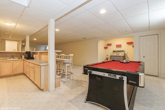 4175 Schmuhl Rd, Coloma, MI 49038 - recreation room with light colored carpet, billiards table, recessed lighting, and a drop ceiling