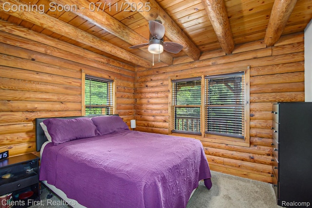 16501 Winters Rd, Grass Lake, MI 49240 - bedroom featuring a wooden ceiling with exposed beams, carpet flooring, and log walls