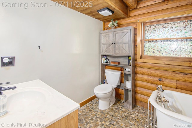 16501 Winters Rd, Grass Lake, MI 49240 - full bathroom with a freestanding tub, a wooden ceiling with exposed beams, and vanity