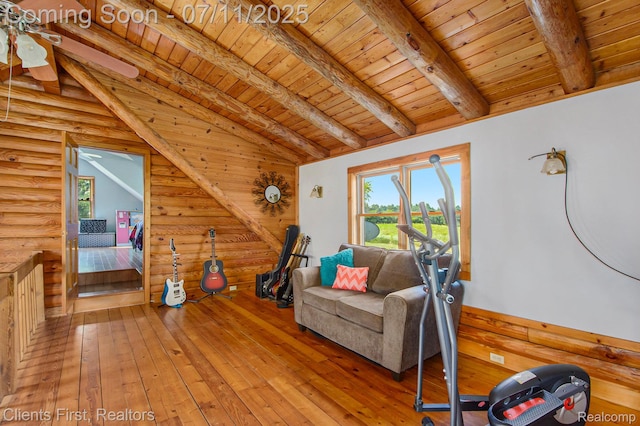 16501 Winters Rd, Grass Lake, MI 49240 - living area with wood ceiling, hardwood / wood-style floors, ceiling fan, and log walls