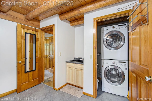 16501 Winters Rd, Grass Lake, MI 49240 - laundry room featuring stacked washer / drying machine and wood ceiling