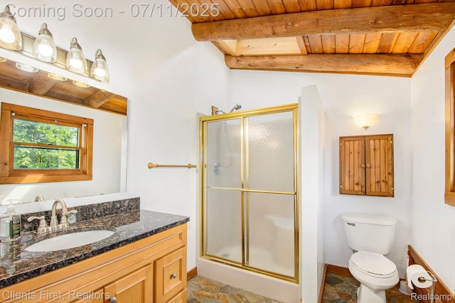 16501 Winters Rd, Grass Lake, MI 49240 - full bathroom with stone tile floors, vanity, a shower stall, and a wood ceiling with exposed beams