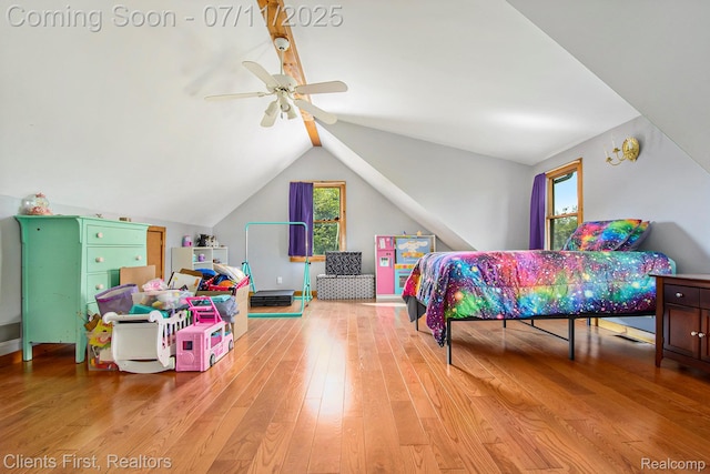 16501 Winters Rd, Grass Lake, MI 49240 - bedroom with light wood-type flooring, lofted ceiling, and a ceiling fan