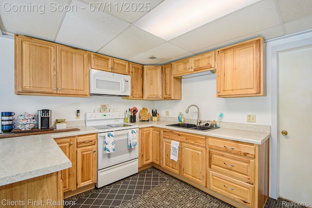 16501 Winters Rd, Grass Lake, MI 49240 - kitchen featuring white appliances, a paneled ceiling, and light countertops