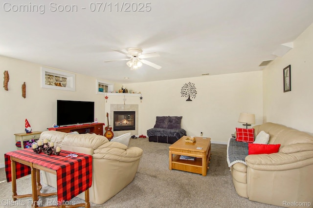 16501 Winters Rd, Grass Lake, MI 49240 - carpeted living room featuring ceiling fan and a tile fireplace