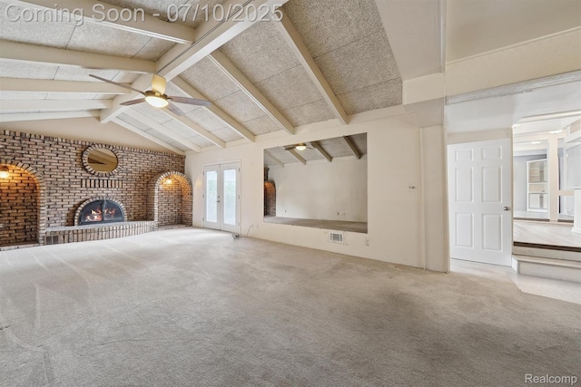 4309 Marr Ave, Warren, MI 48091 - unfurnished living room featuring brick wall, ceiling fan, french doors, a fireplace, and carpet floors