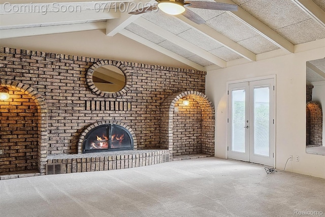 4309 Marr Ave, Warren, MI 48091 - unfurnished living room featuring brick wall, carpet flooring, french doors, a fireplace, and ceiling fan
