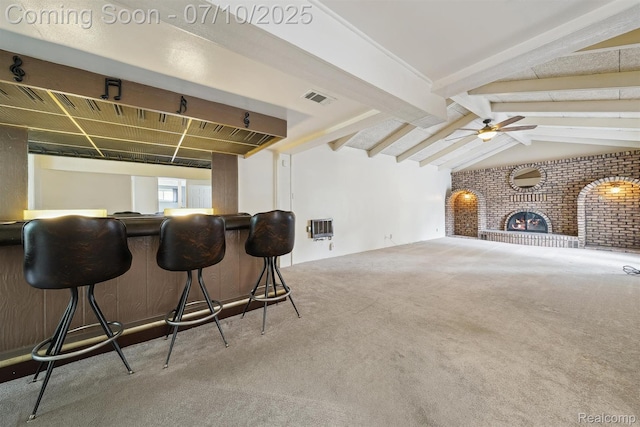 4309 Marr Ave, Warren, MI 48091 - kitchen with carpet floors, a ceiling fan, a brick fireplace, heating unit, and open floor plan