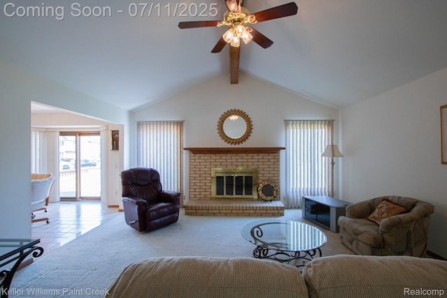 48600 Meadowcrest Dr, Macomb, MI 48044 - carpeted living area with ceiling fan and a brick fireplace