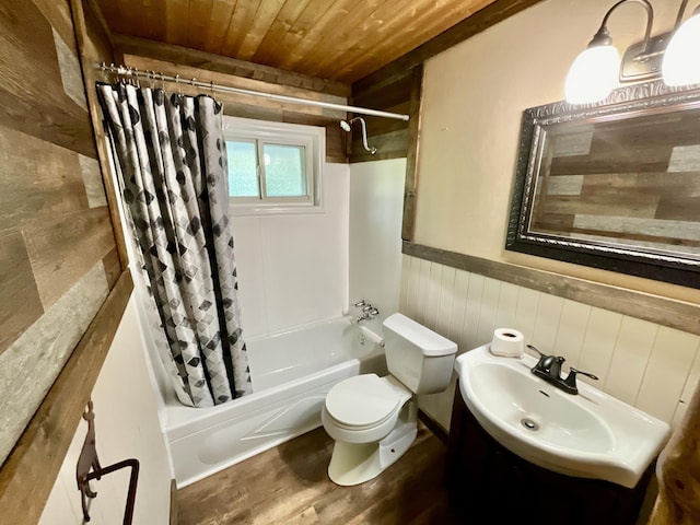 18572 Oxbow Dr, Barryton, MI 49305 - bathroom featuring wooden ceiling, shower / bathtub combination with curtain, a wainscoted wall, wooden walls, and wood finished floors