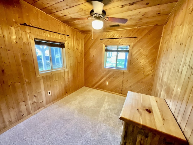 18572 Oxbow Dr, Barryton, MI 49305 - unfurnished room featuring wood ceiling, wood walls, carpet flooring, and a ceiling fan