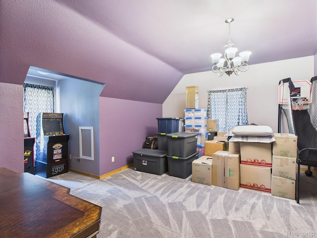 193 Miller Lake Rd, Columbiaville, MI 48421 - additional living space with carpet floors, lofted ceiling, and a chandelier