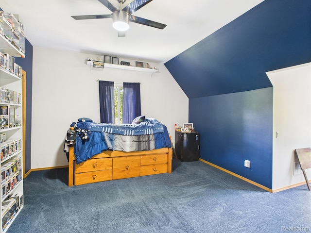 193 Miller Lake Rd, Columbiaville, MI 48421 - bedroom with carpet floors, lofted ceiling, and ceiling fan