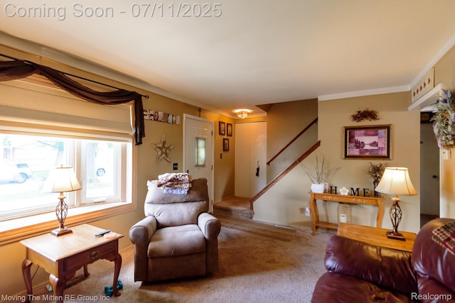 13620 Aston St, Romulus, MI 48174 - living room with carpet floors, stairway, and ornamental molding