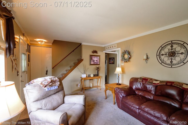 13620 Aston St, Romulus, MI 48174 - carpeted living room with ornamental molding and stairs
