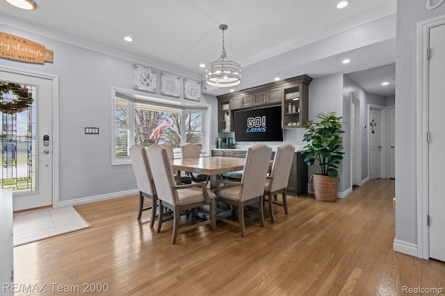 22543 E 11 Mile Rd, Saint Clair Shores, MI 48081 - dining area featuring ornamental molding, light wood-style floors, a chandelier, and recessed lighting