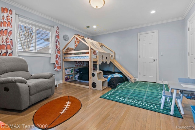 22543 E 11 Mile Rd, Saint Clair Shores, MI 48081 - bedroom with wood finished floors, ornamental molding, and recessed lighting