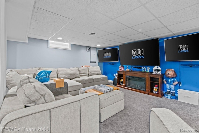 22543 E 11 Mile Rd, Saint Clair Shores, MI 48081 - living room featuring a drop ceiling, carpet flooring, and recessed lighting